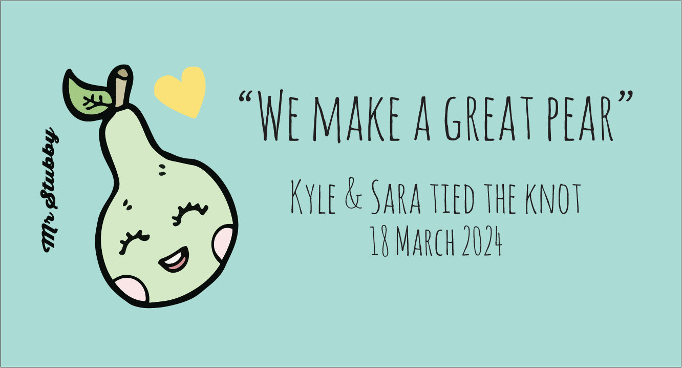 Cartoon pear with a heart on a light blue background with text about a wedding date.