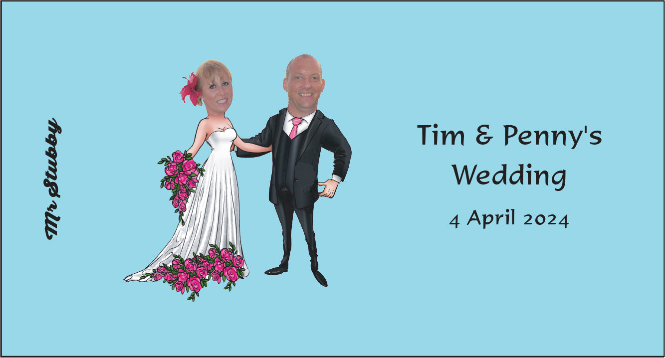 Cartoon wedding couple with text 'Tim & Penny's Wedding 4 April 2024' on a blue background