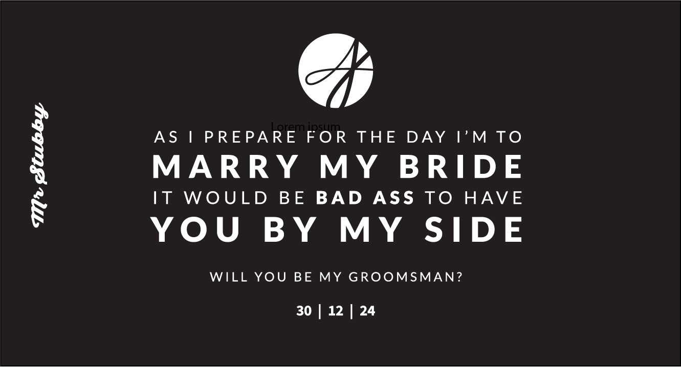 Groomsman request card with text and logo on a black background