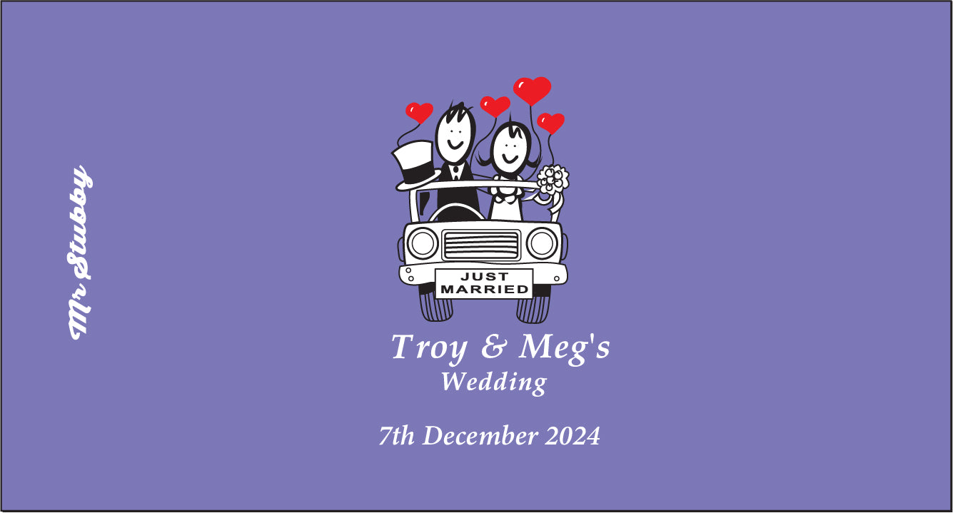 Wedding invitation card with cartoon bride and groom in a car, hearts, and text on a purple background.