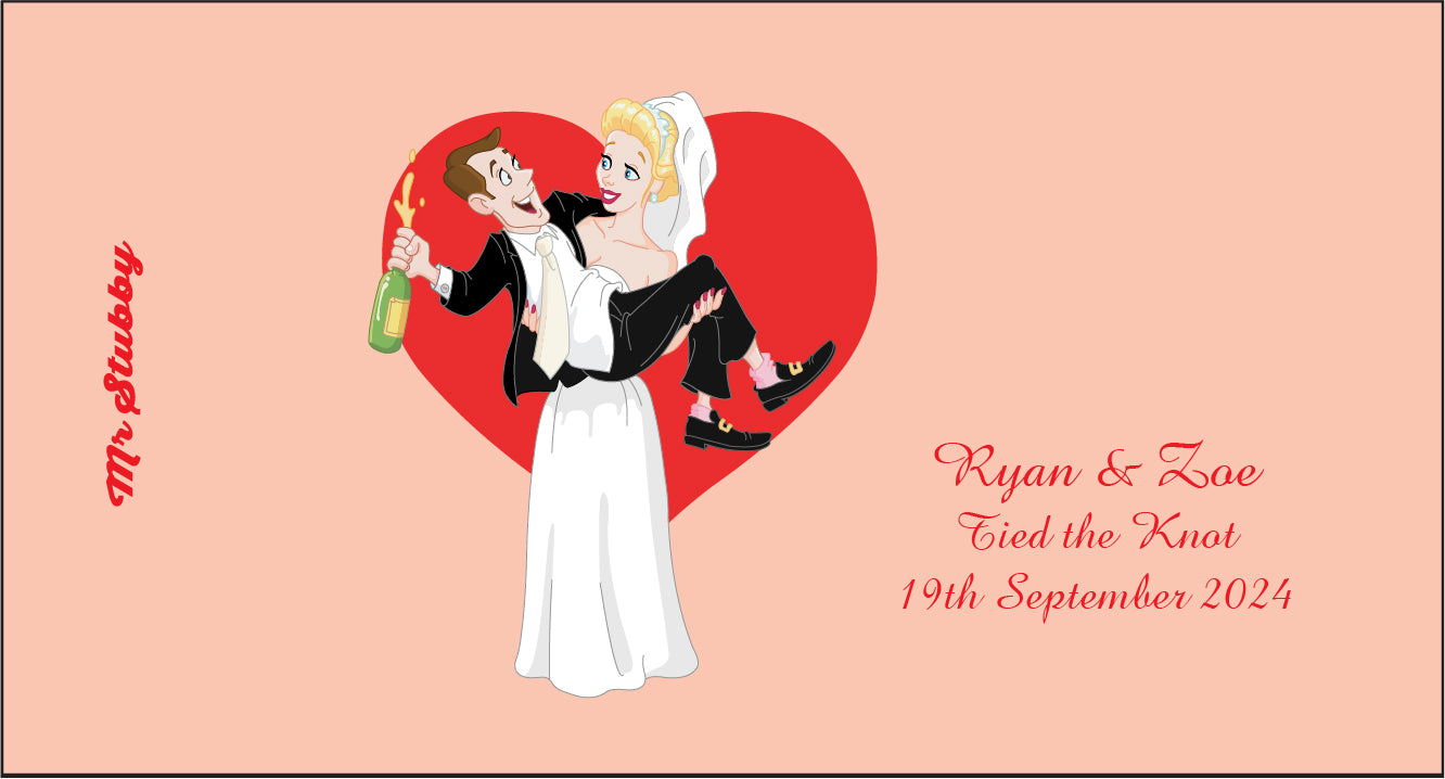 Cartoon illustration of a bride and groom with a heart-shaped background, celebrating a wedding date stubby holder.