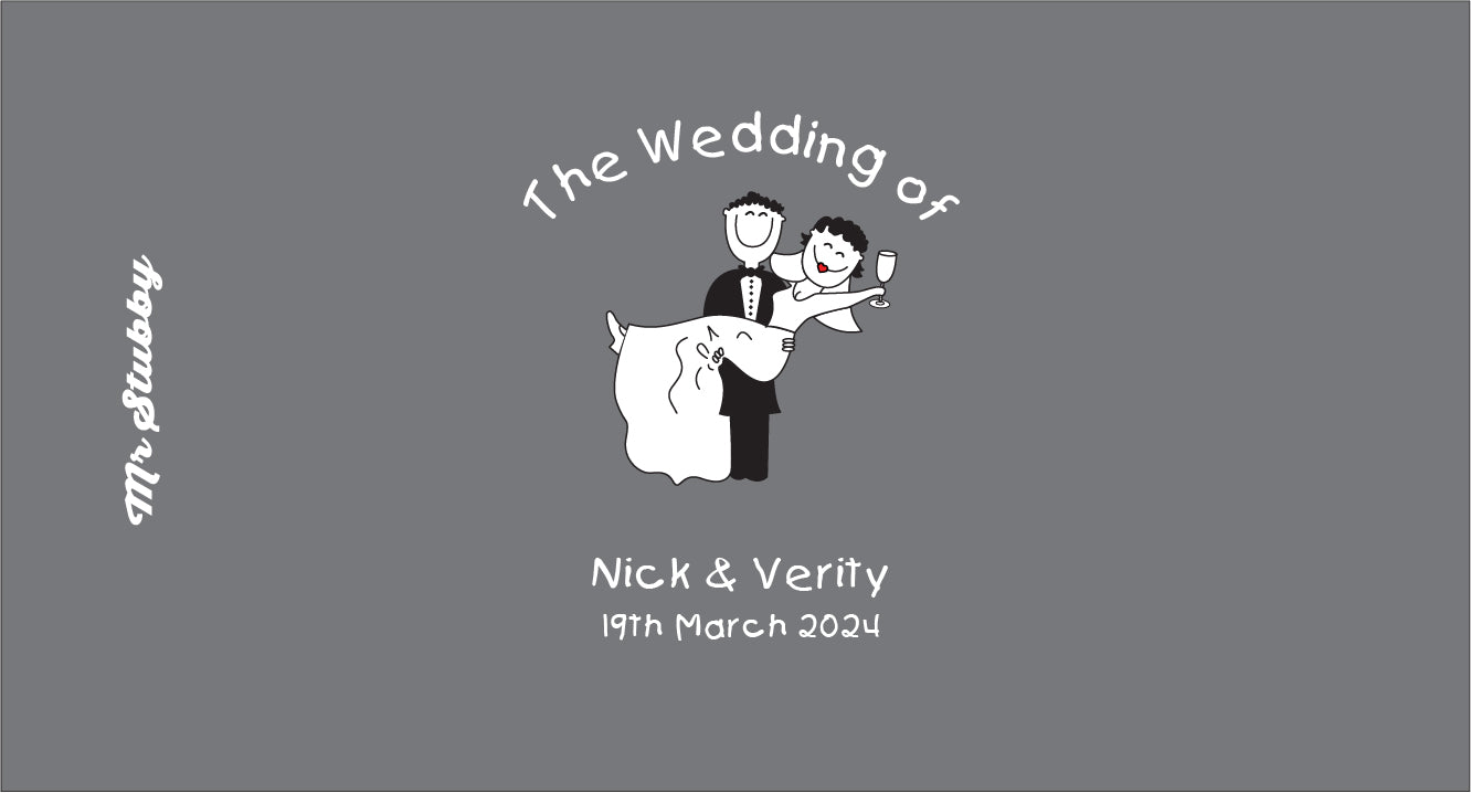 Wedding stubby holder with black and white illustration of a couple, text 'The Wedding of Nick & Verity 19th March 2024', and brand name 'Mr. Stubby' on a dark gray background.
