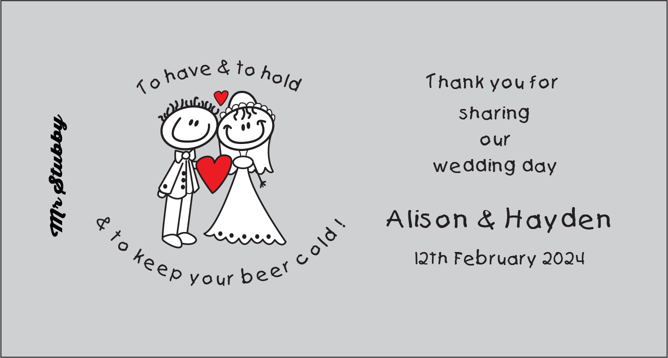 Personalized wedding stubby holder with cartoon bride and groom holding a heart, text, and a cooler design.