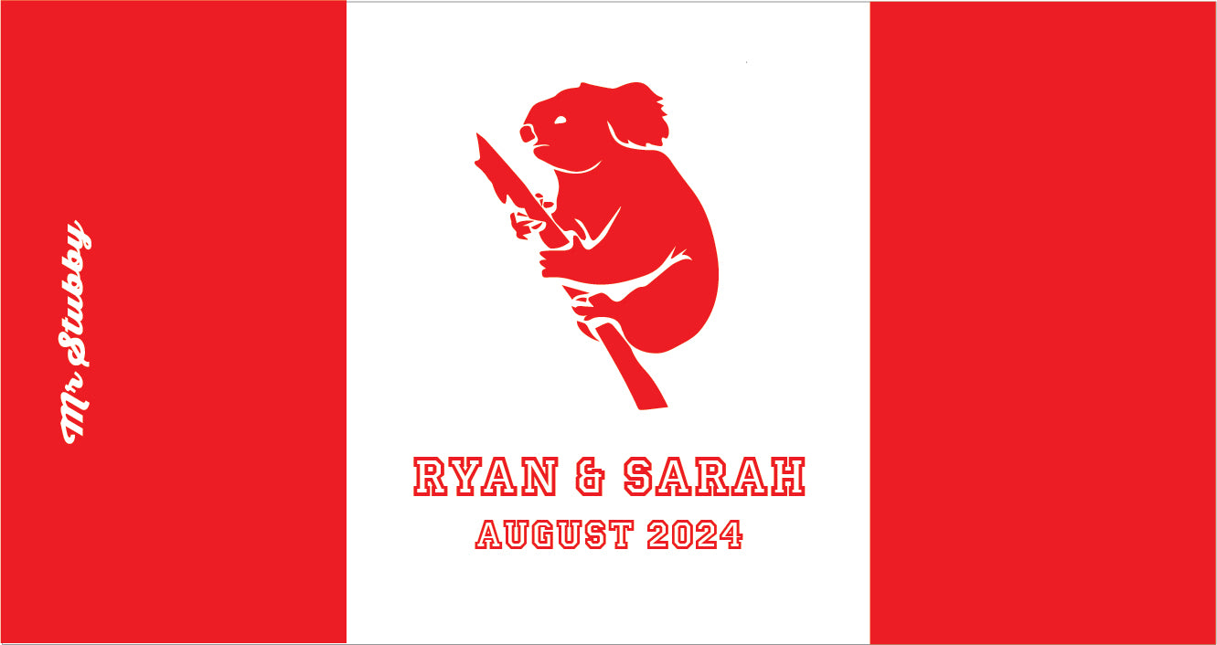 Red and white card with a koala silhouette and text 'Ryan & Sarah August 2024' on a red background. Stubby Holder