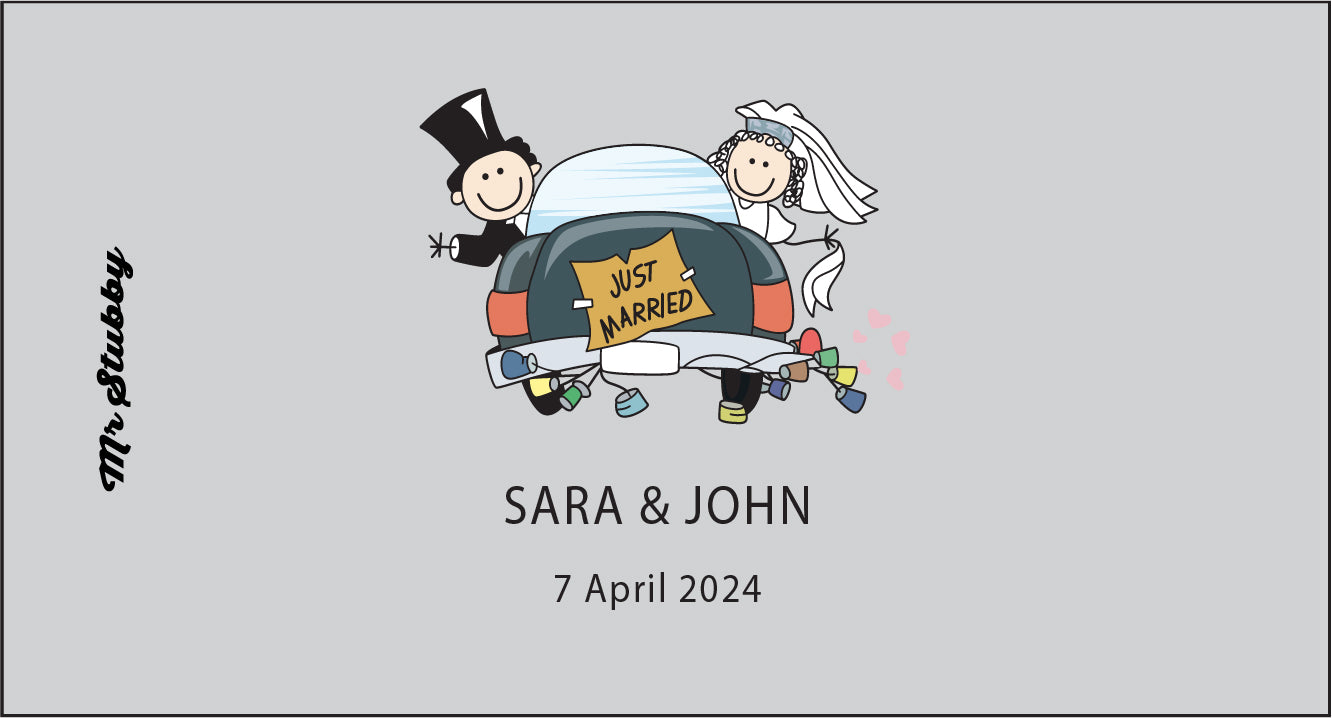 Illustration of a just married couple in a car with 'Just Married' sign, on a light gray background. Stubby Holder