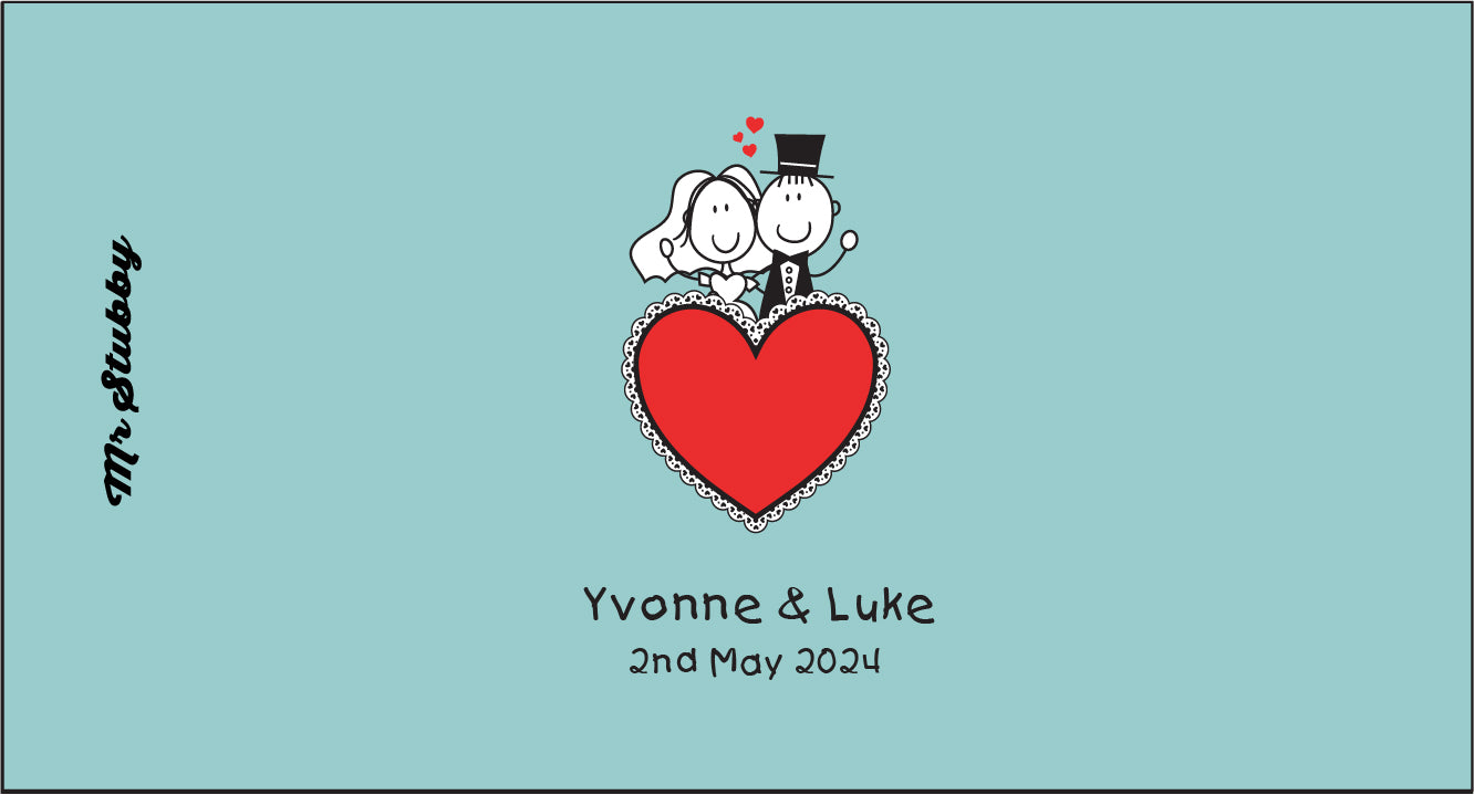 Stubby Holder Design with cartoon characters on a heart and personalized text on a light blue background