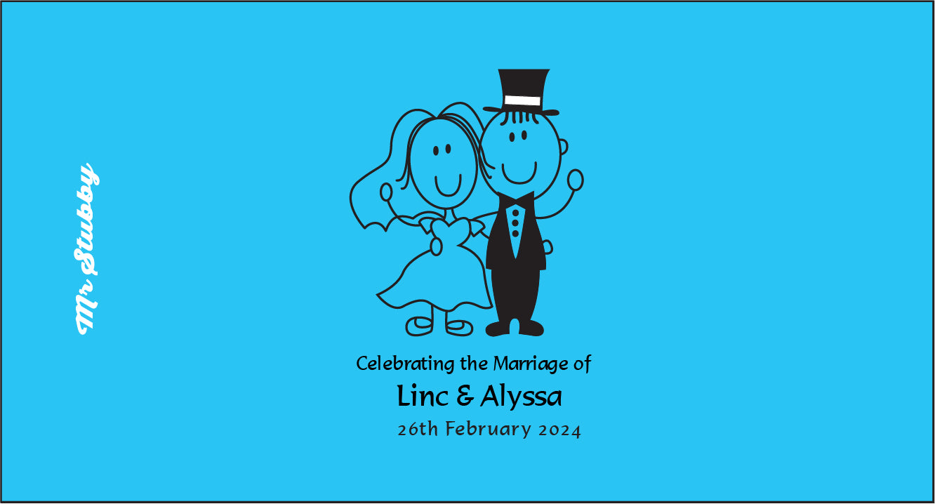 Stubby Holder of a bride and groom on a blue background with text for a wedding celebration.