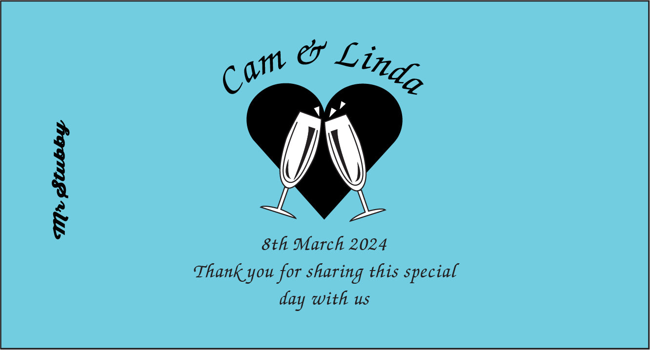 Personalized card with champagne glasses and hearts on a blue background, featuring names 'Cam & Linda' and date '8th March 2024'.