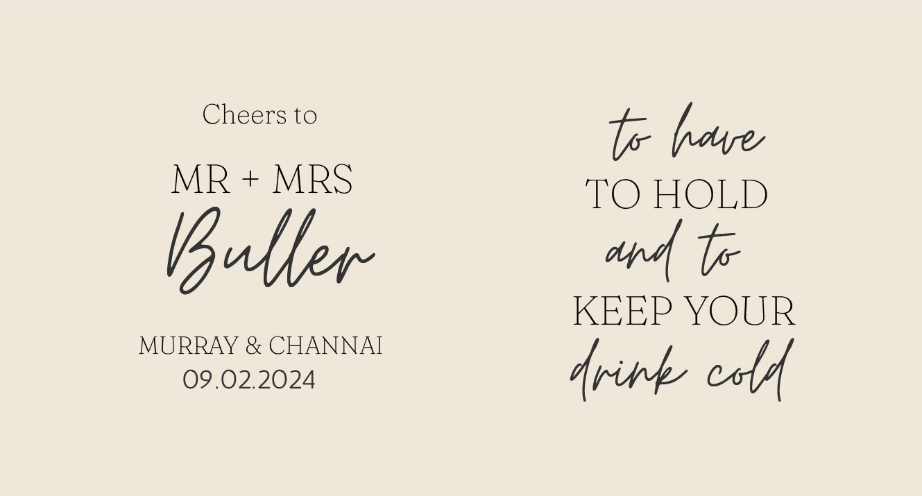 Wedding-themed drink container label with personalized text on a beige background
