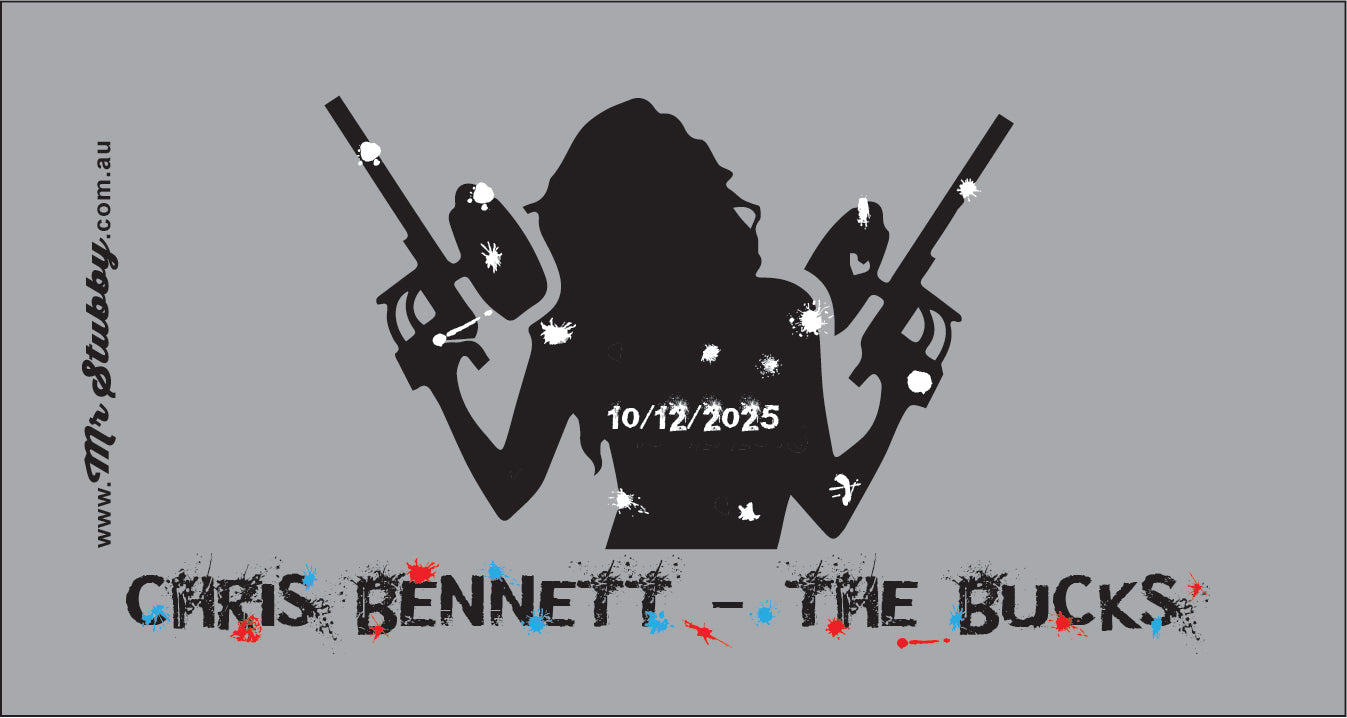 Black silhouette of a person holding guns on a gray background with text and branding.