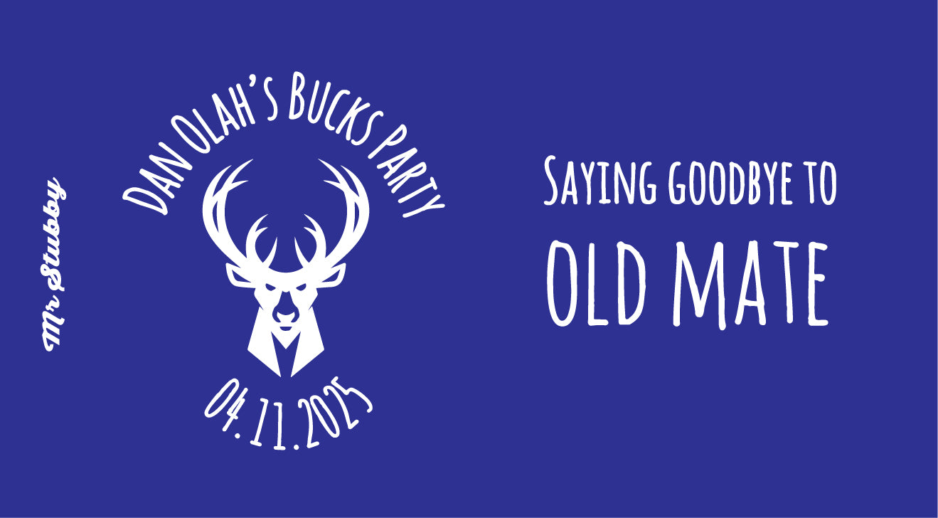 Blue background with white text and deer logo for a bachelor party announcement.
