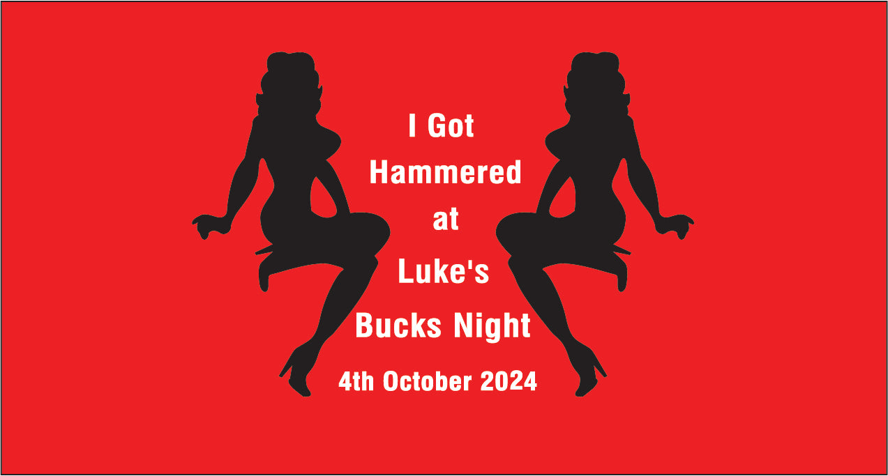 Red background with black silhouettes of two people and text on a red background
