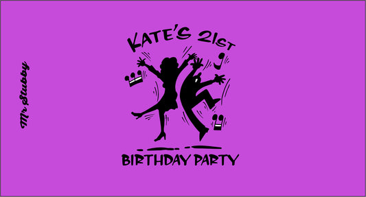 Purple stubby holder with black text and silhouettes for Kate's 21st birthday party.