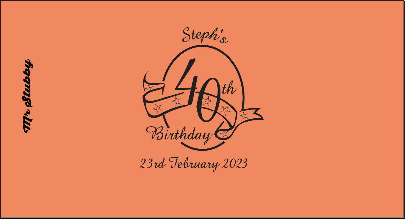 40th birthday invitation stubby holder with 'Steph's' on an orange background