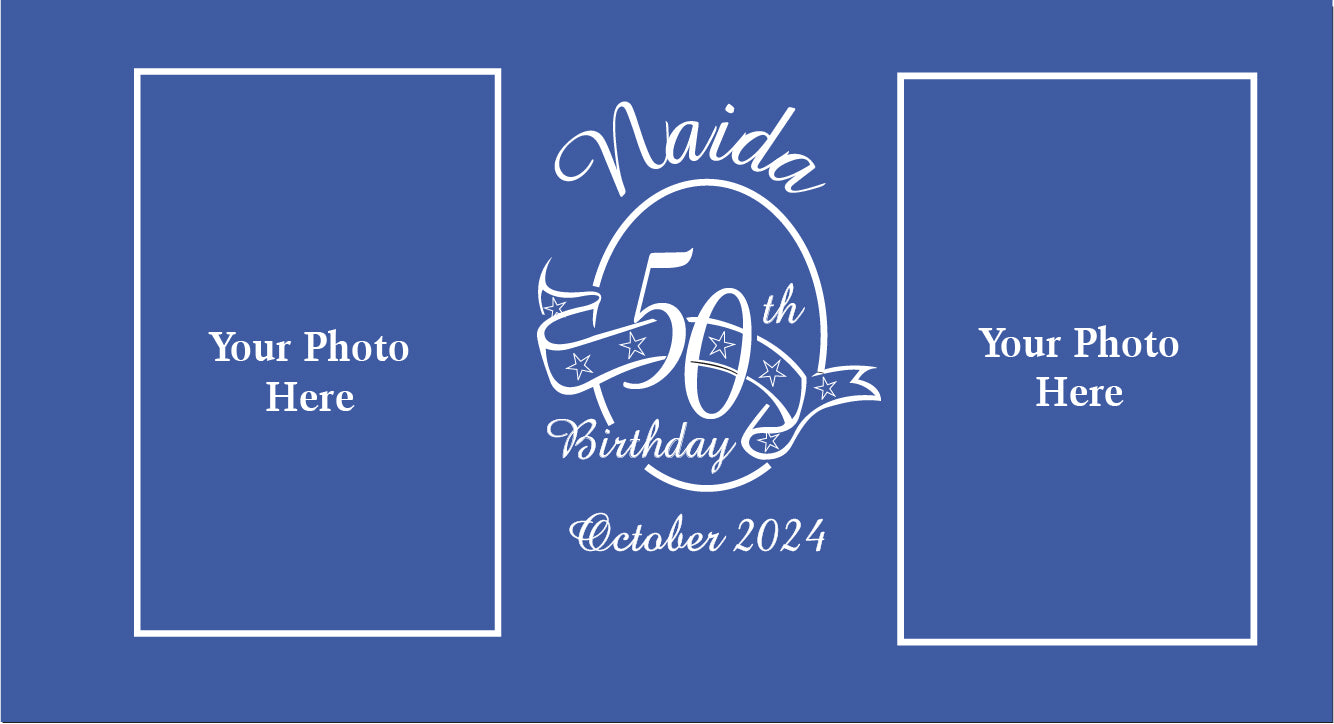 Personalized birthday stubby holder for a 50th birthday celebration with placeholder text for photos on a blue background.