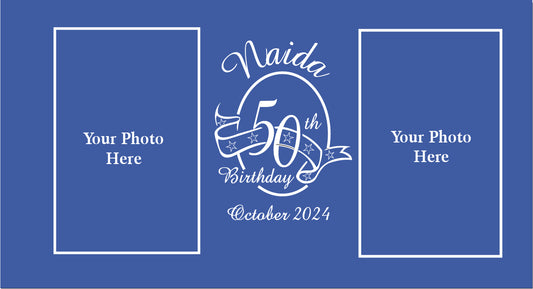 Personalized birthday stubby holder for a 50th birthday celebration with placeholder text for photos on a blue background.