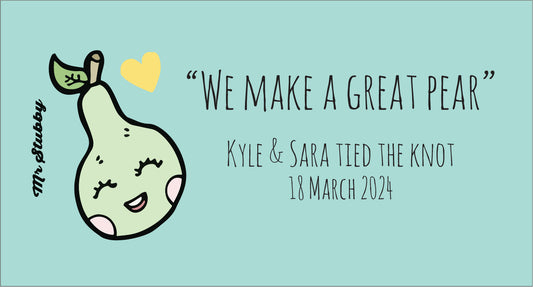 Cartoon pear with a heart on a light blue background with text about a wedding date.