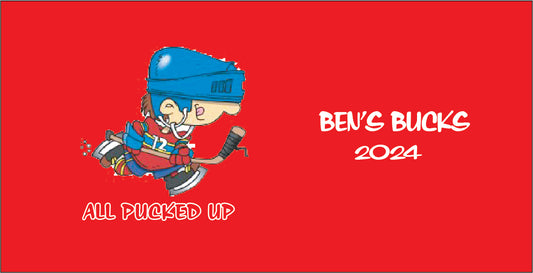 Cartoon character with hockey equipment on a red background with 'Ben's Bucks 2024' text. Stubby Holder