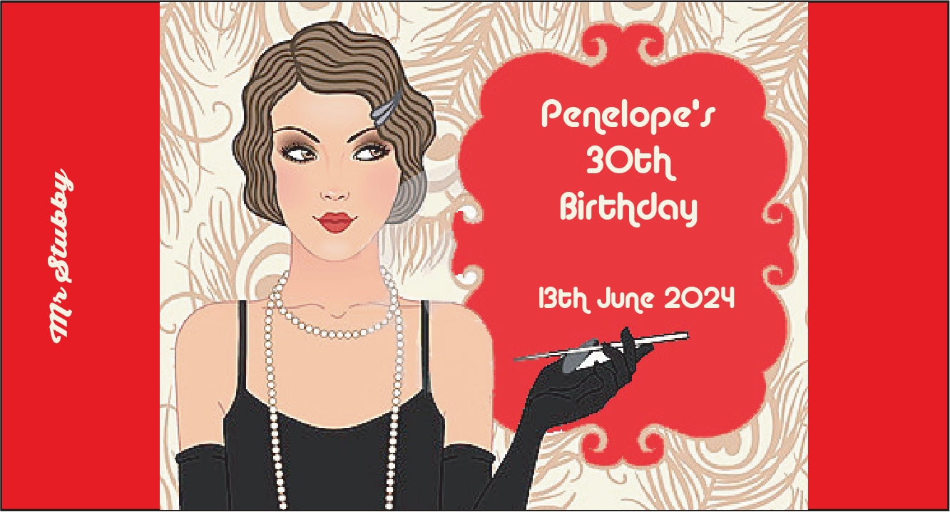 Illustration of a woman stubby holder for Penelope's 30th birthday on a red background