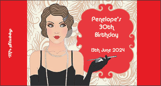 Illustration of a woman stubby holder for Penelope's 30th birthday on a red background
