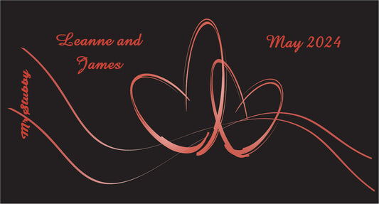 Decorative design with 'Leanne and James' and 'May 2024' on a black background