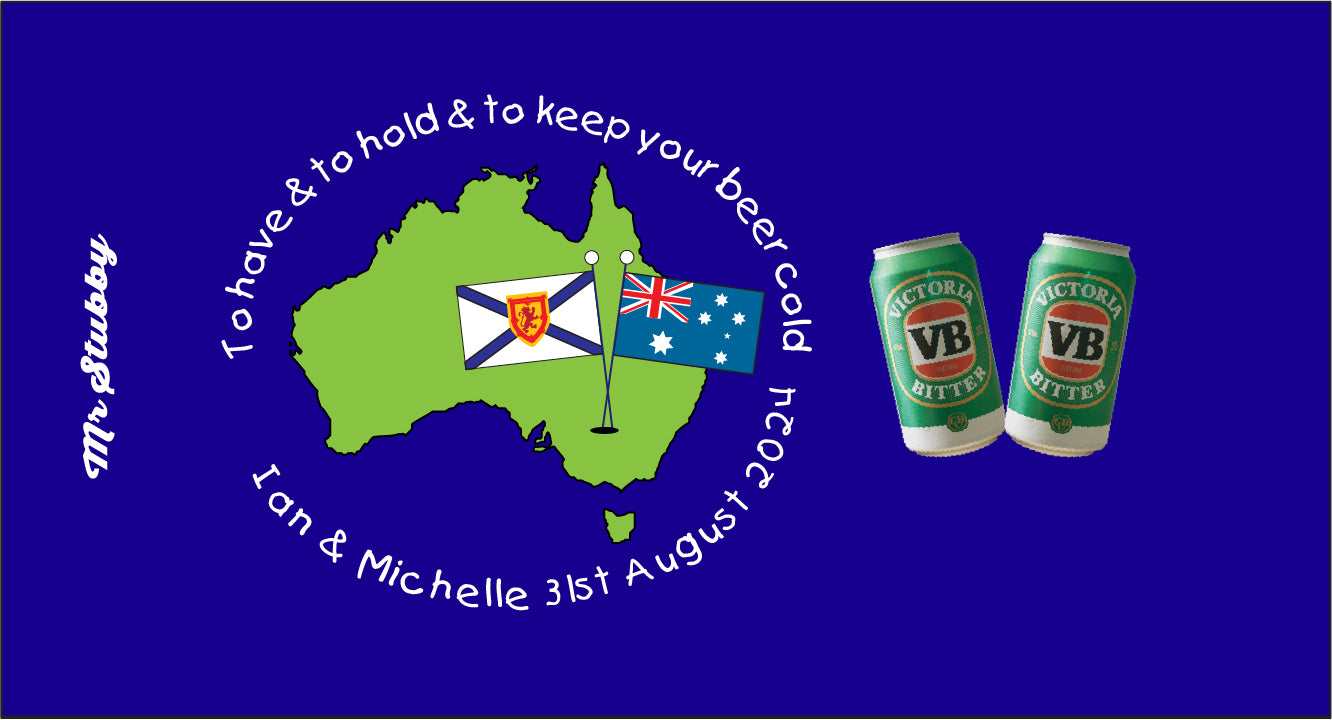 Map of Australia withVB beer cans and text on a blue background