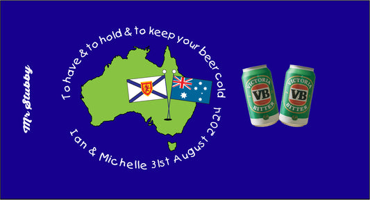 Map of Australia withVB beer cans and text on a blue background