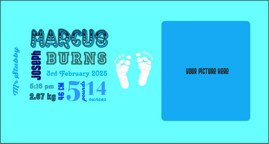 Baby birth announcement stubby holder with text and footprints on a blue background