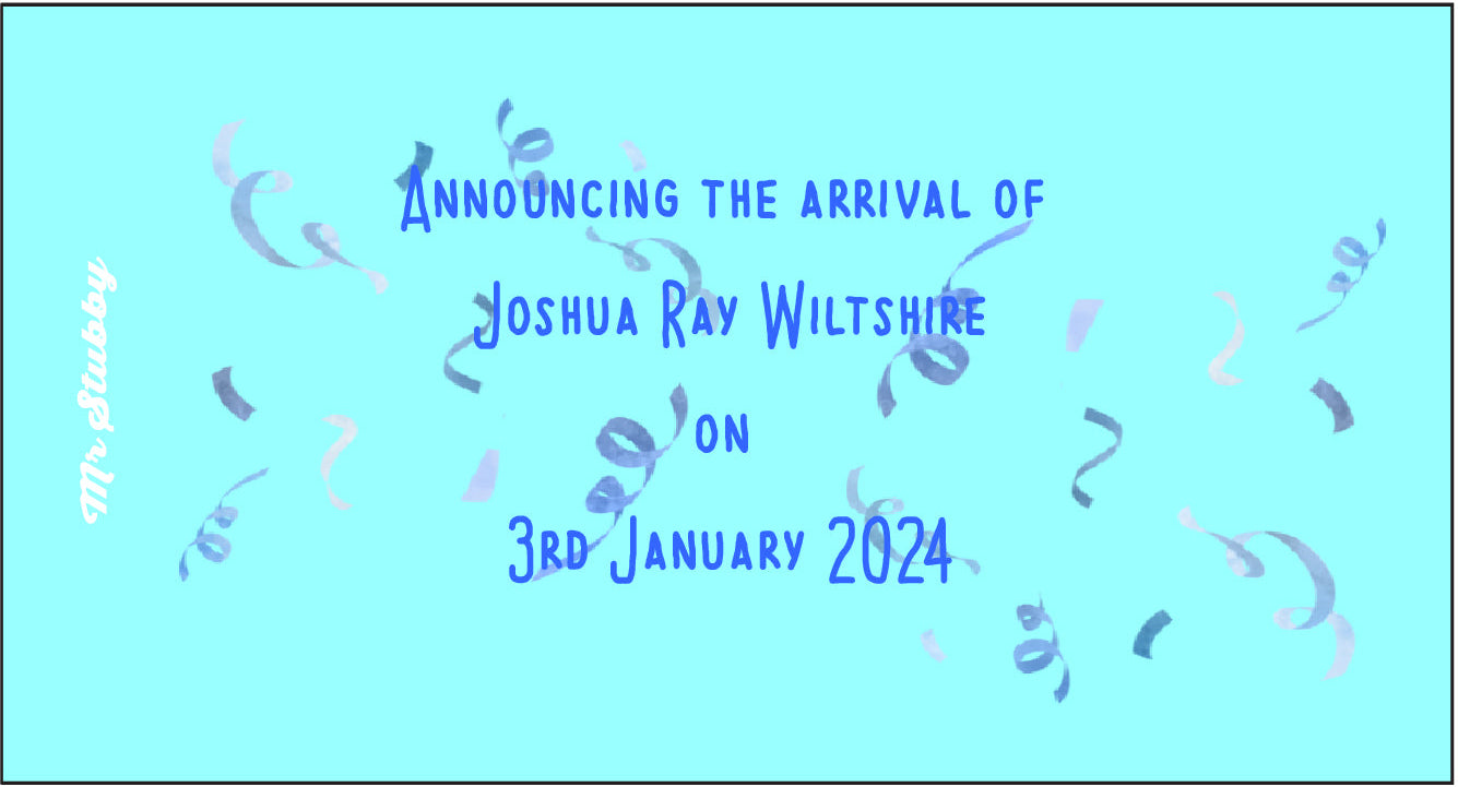 Stubby holder for the announcement of a baby's arrival with confetti on a light blue background