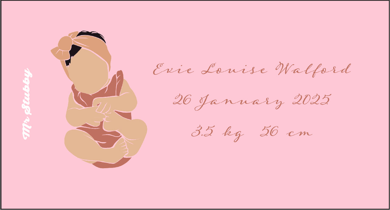 Stubby holder for a baby in a onesie on a pink background with text about a baby's birth details.