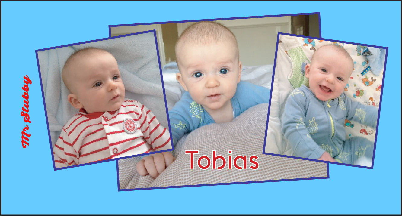 Stubby holder on a blue background with text.