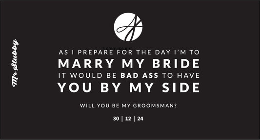 Groomsman request card with text and logo on a black background