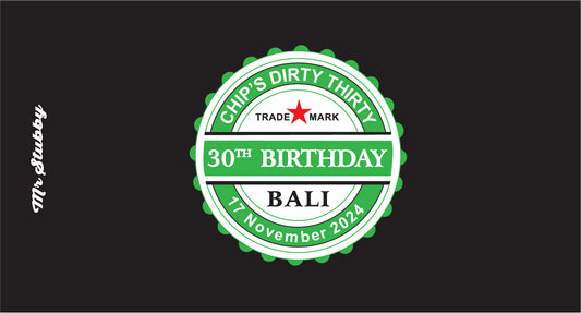 Stubby holder Green and white circular logo with text on a black background