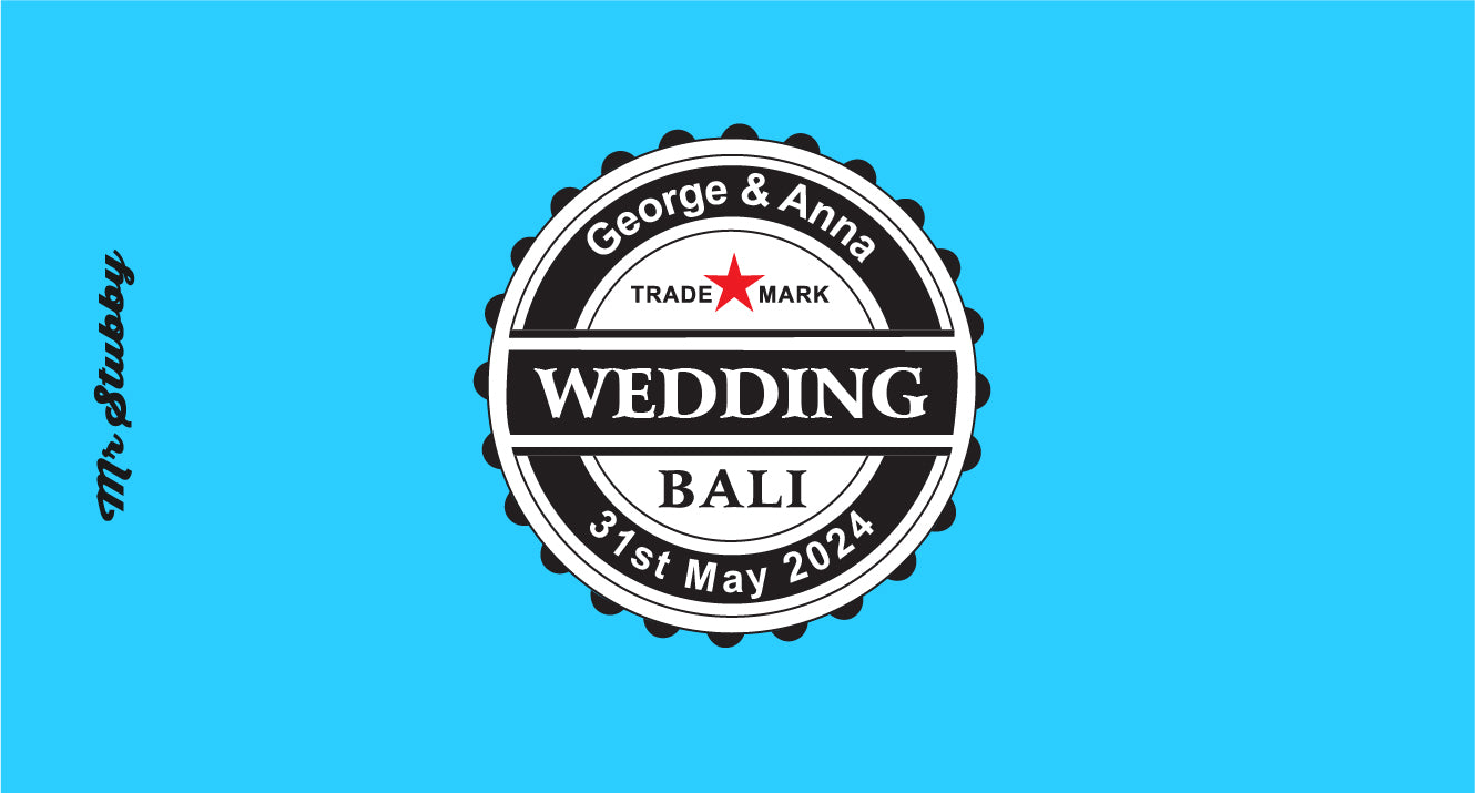 Wedding invitation design with a black stamp-like graphic on a blue background, featuring text for George & Anna's wedding in Bali.