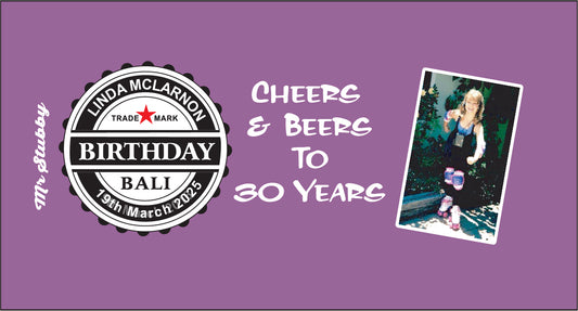 Stubby holder with birthday celebration text and a photo of a person in a green outfit.