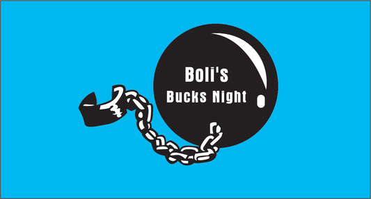 Ball and chain stubby holder with 'Boli's Bucks Night' text on a turquoise background