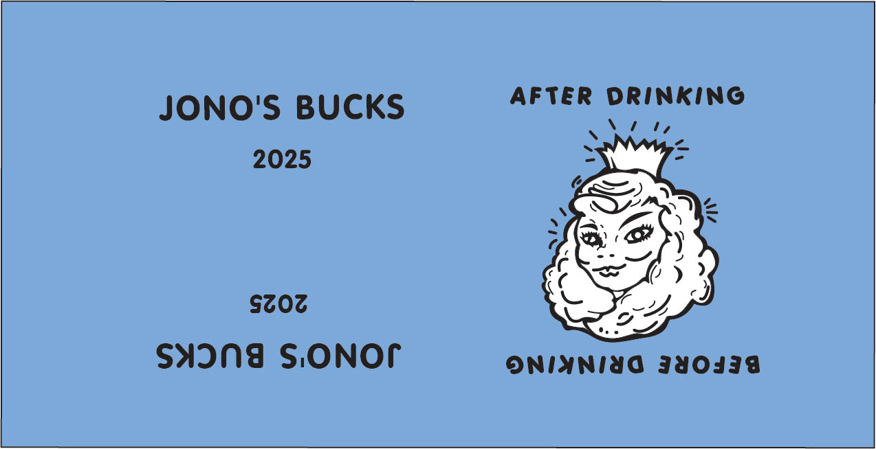 Blue card with black text and a white illustration of an old woman's face, labeled 'Jono's Bucks 2025'.