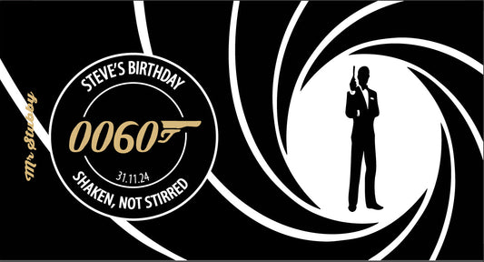 James Bond-themed birthday stubby holder with 0060 and a silhouette of a spy.