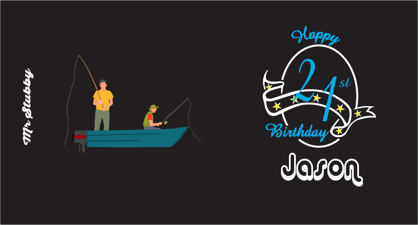 Happy 21st Birthday stubby holder with two people in a boat and decorative text on a black background.