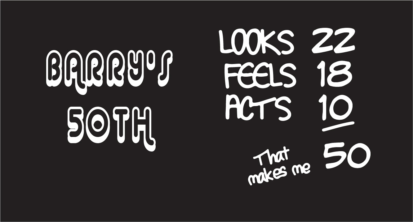 Black stubby holder with white text celebrating 'Barry's 50th' with a humorous age calculation.