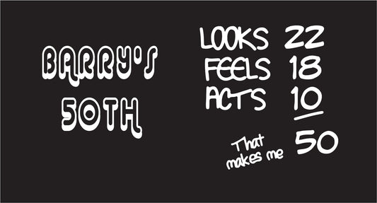 Black stubby holder with white text celebrating 'Barry's 50th' with a humorous age calculation.