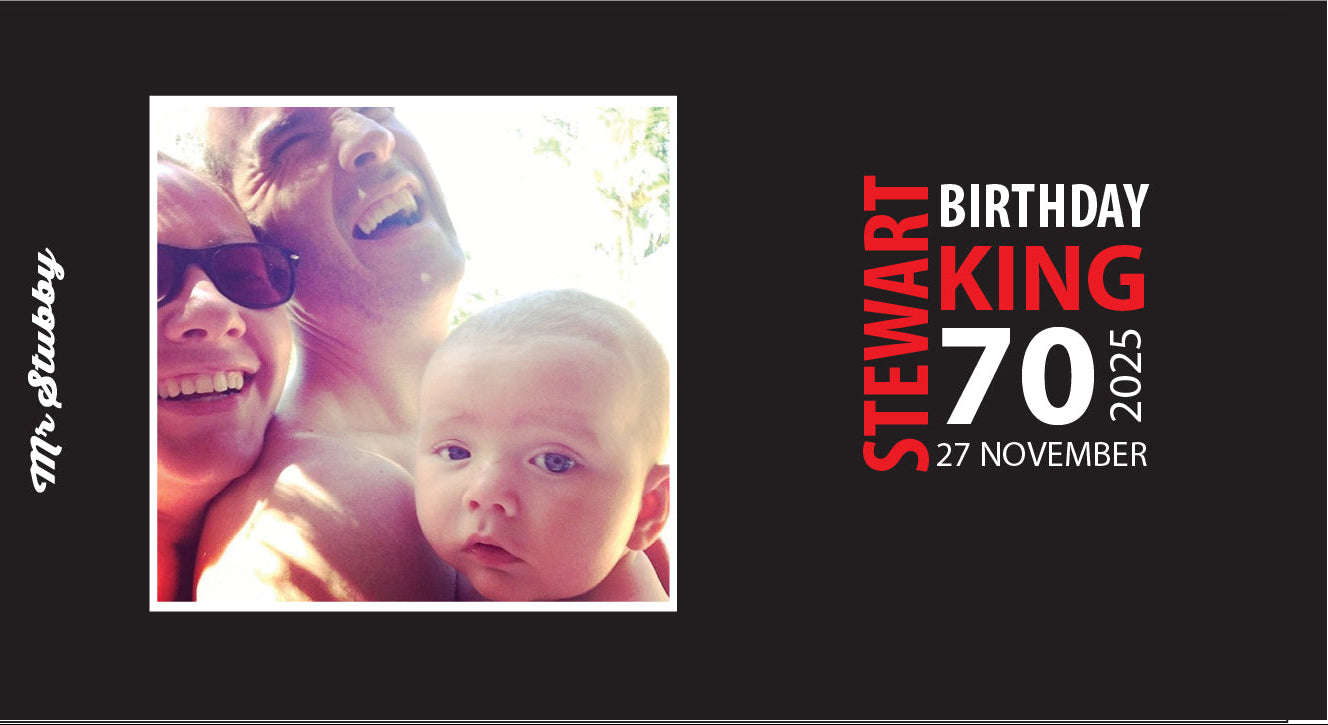 Birthday stubby holder with photo of a family and text 'Stewart King 70 2025 27 November' on a black background.