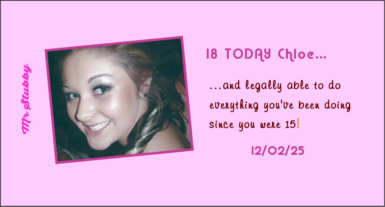 Pink birthday stubby holder with a photo of a young woman and text celebrating her 18th birthday.