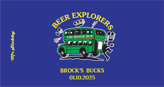 Stubby Holder for 'Beer Explorers' with a green bus on a blue background, featuring text and a date.