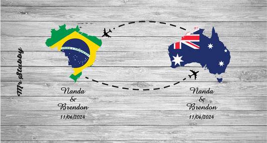 Map of Brazil and Australia with airplane icons on a wooden background, featuring names and date.
