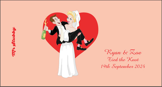 Cartoon illustration of a bride and groom with a heart-shaped background, celebrating a wedding date stubby holder.