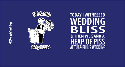 Wedding-themed graphic with text and illustration on a blue background