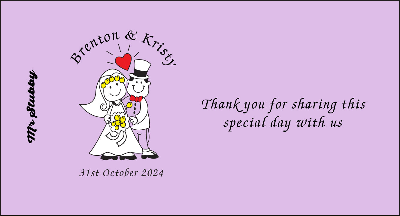 Personalized wedding stubby holder with cartoon bride and groom on a purple background