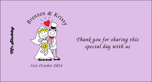 Personalized wedding stubby holder with cartoon bride and groom on a purple background