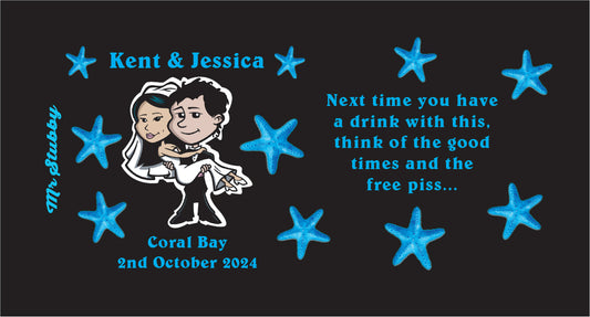 Personalized drink stubby with cartoon couple, text, and blue stars on a black background.